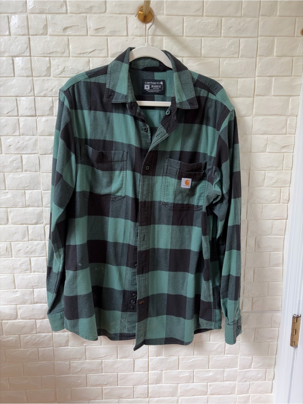 Carhartt Men's Green and Black Plaid Button-Up Work Shirt